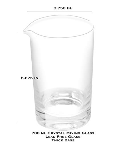 Crystal Cocktail Mixing Glass Bar Set: 700ml Thick Wall Lead-Free Mixing Glass | Stainless Spiral Bar Spoon w/Muddler | Cocktail Strainer | 0.5oz / 1oz Jigger. Great Gift & Shaker Alternative!