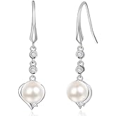 LOIPURI Pearl Drop Earrings - Sterling Silver Fish Hook Dangle Earrings with Cubic Zirconia, Heart-Shaped Pearl Jewelry Gifts for Birthday, Wedding