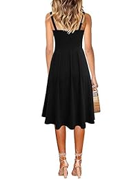 Lyrur Vestido de mujer sin mangas, de algodón, plisado, casual, para fiesta, con tirantes de espagueti, botones acampanados, estilo patinador