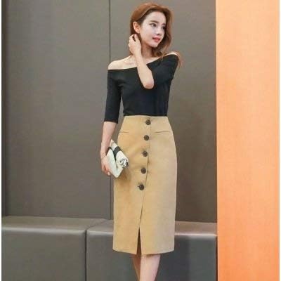 スカート ひざ丈スカート ボタンダウン ミドル丈 タイトスカート ラップスカート 膝丈 ポケット付 大きめボタン ワンポイント レディース L 並行輸入品 スカート 通販 Amazon