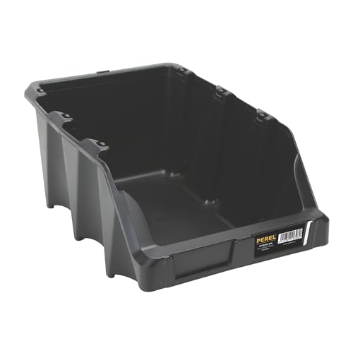 Perel Bac à bec empilable en plastique pour vis et petites pièces, bac de rangement avec porte-étiquette pour atelier garage entrepôt, noir, 12 l, 217 x 360 x 155 mm