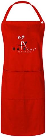 HairDay Care Professional Bib Apron - 100% Cotton Bib Apron for Women &amp; Men - Machine Washable Hair Stylist Apron/Chef Apron with 3 Pockets, Adjustable Waist Tie - 28” x 32”, Universal Fit - Red