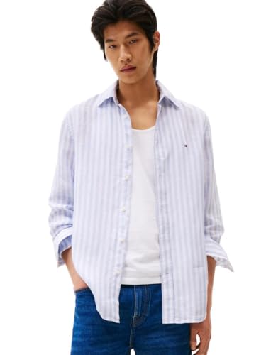 Tommy Hilfiger Men’s Linen Stripe Regular Long Sleeve Shirts, Breezy Blue/Optic White XX-Large