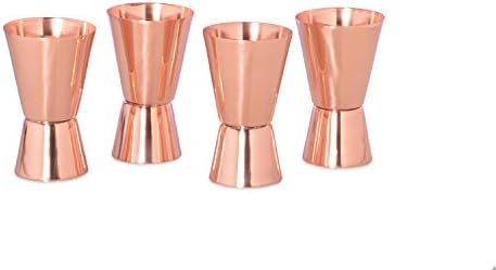 Handcrafted Copper Jigger Shot Glasses 2 Oz, 1 Oz - Set of 4 - Solid, Unlined 100% Pure Heavy Gauge Copper - Bonus Handcrafted Double Jiggers Storage Cover