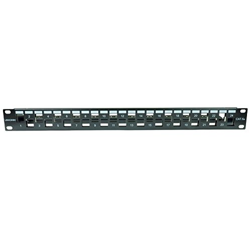 LINKOMM RJ45 1U 19 Inch 24-Port Shielded Cat6A Blank Staggered Keystone Jack Patch Panel with Rear Cable Management, Black