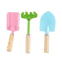 KIKISUM Mini Gardening Tools 3 Piece Set for Kids Shovel Trowel Rake with Wooden Handle