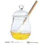 Itikky Honey Jar Pot High Borosilicate Glass and dipper wooden silicone Beehive Style 9.5 fl oz