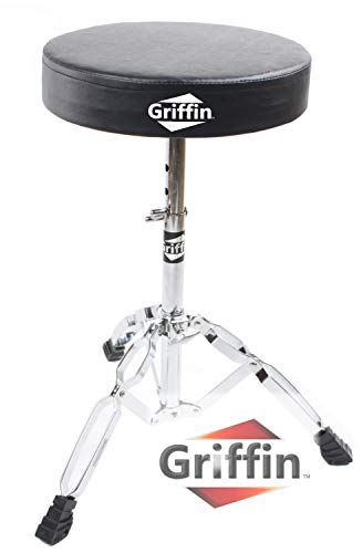 Drum Throne Stand by Griffin | Padded Drummer's Seat | Comfortable Drum Set Percussion Stool for Adults | Professional Double Braced Hardware Chair for Practice with Adjustable Height from 18" to 23"