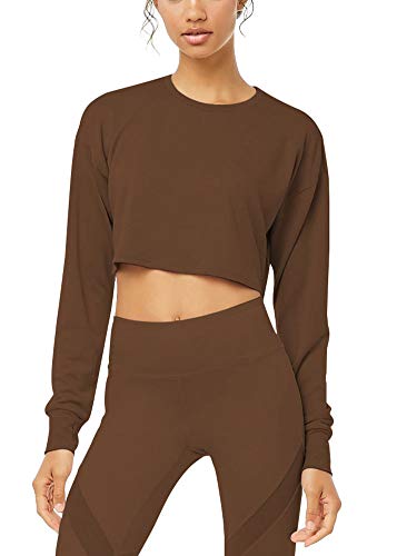 Bestisun Crop Top Workout Shirts Cute Womens Activewear Lady Grils Cropped Yoga Shirts Running Boxing Dancing Thumb Holes Long Sleeve Brown L