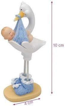 Doge Stork Carrying a Baby Boy Blue Resin Figurine, H.10 x 4 cm, Cake Topper, Baby Shower, Christening