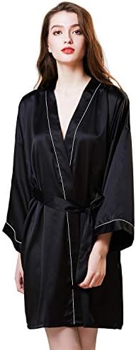 Women Satin Kimono Robe Bridesmaid Bathrobe Pure Color Silk V-Neck Sleepwear