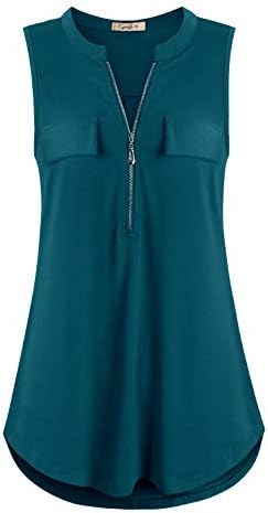 Women's V Neck Zip Up Casual Tank Top Flaps at Chest Sleeveless Tunic