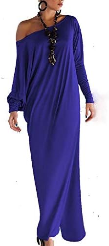 Oudan Autumn Oblique Collar Dress Long Sleeves Split Dress (Color : Blue, Size : L)