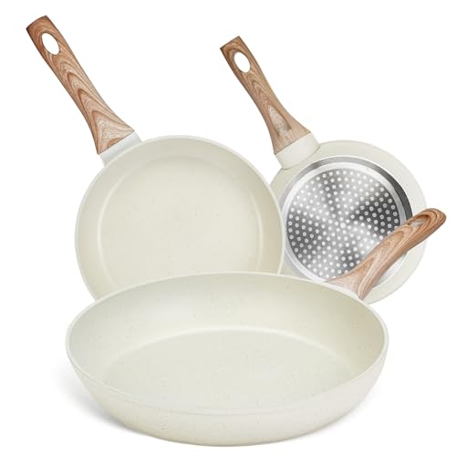 HEEDU Juego de 3 Sartenes con Recubrimiento Antiadherente, Sartén Antiadherentes de Granito Blanco, Libre de PFOS y PFOA, Apto para todas las estufas (20 cm y 24 cm y 28 cm)