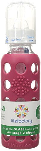 Lifefactory 9-Ounce Glass Baby Bottle with Silicone Sleeve and Stage 2 Nipple, Raspberry