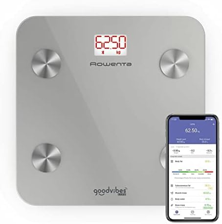 Rowenta goodvibes life br9600 - balança de banheiro inteligente com medidor de gordura corporal e imc, armazena até 10 medidas corporais, visor de led grande, plataforma de vidro, capacidade de até 160 kg