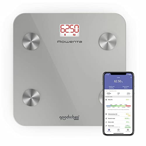 Rowenta Goodvibes Life BR9600 Smart Bathroom Scale with Body Fat and BMI, Large LED Display, Glass Platform, Up to 160kg Capacity
