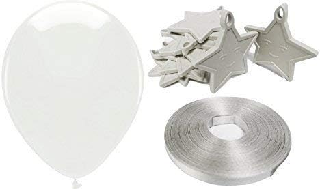 INERRA Balloon Party Pack - Includes 25 Balloons, 10 x Star Weights & 50 Metres of Balloon Curling Ribbon (White Theme)