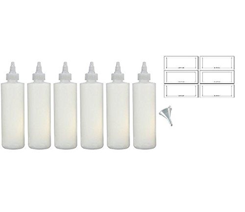 Twist Top Spout Natural Clear Refillable (BPA Free) Plastic Squeeze Bottle - 8 oz (6 pack) + Funnel and Labels
