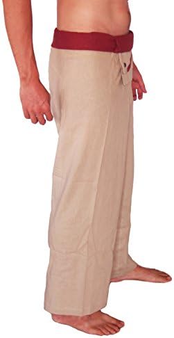 Handmade Plus Size Fisherman Pants / Yoga Trousers, Beige with Maroon waist band