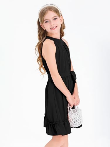 Halomoning Girl's Dress Sleeveless Simple Classic Casual Knee Length for Children Summer Princess Party Wedding Tie Waist A-Line