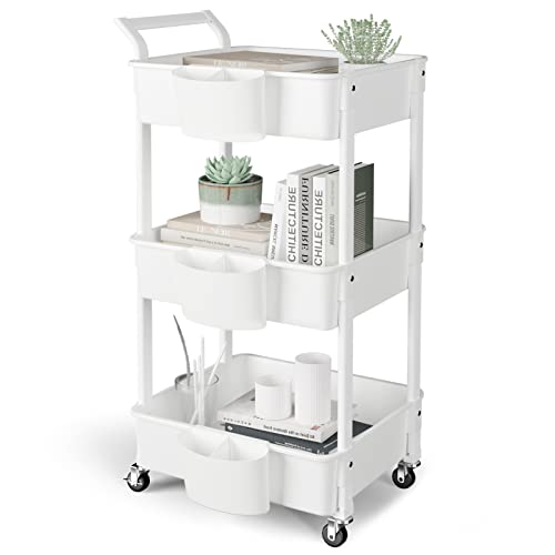 Photo 1 of 3-Tier Utility Rolling Cart,Mobile Utility Cart with Lockable Caster Wheels,Storage Shelves Organizer Cart, 3 Hanging Baskets, Easy Assembly,for Bathroom, Kitchen, Office, Workshop