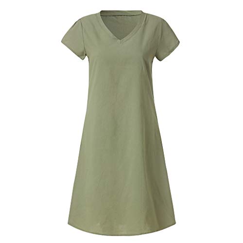 Mysky Summer Women Popular Casual Solid Color Comfy Linen Dress Ladies Brief Short Sleeve Plus Size Swing Dress Green