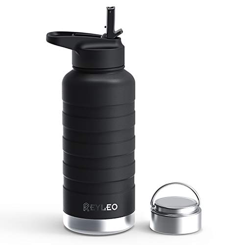 REYLEO Vacuum Insulated Water Bottle with Straw Lid- 18 Oz,Black,2 Lids BPA-Free, 18/8 Stainless Steel Thermal Sports Water Bottle, Keep Cold 24 Hours& Hot 8 Hours