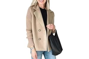 CHARTOU Women's Cropped Wool Blend Coat Fall Knit Sweater Blazer Notch Lapel Double Breasted Pea Coat Jacket