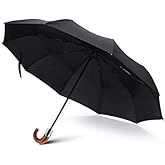 SpyShop Compact Unisex Classic Auto Open Wind-Resistant Travel Umbrella Folding Anti-UV Outdoor Business Automatic -Curved Wood Handle Umbrella-Black
