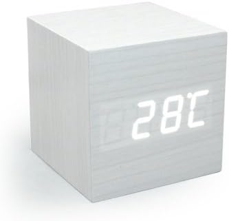 Mini White LED Wooden Alarm Clock Displaying Time Temperature Voice Touch Activated for Desktop Home Office (White)