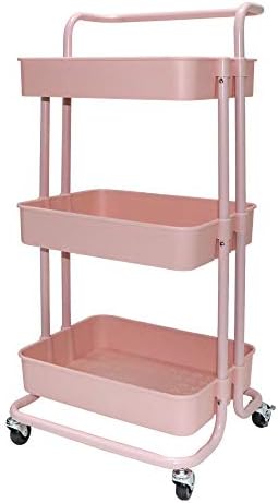 3段メタルローリングユーティリティカートメタルメッシュバスケット ストレージローリングカートストレージオーガナイザー ハンドル付き 35 超安い ピンク