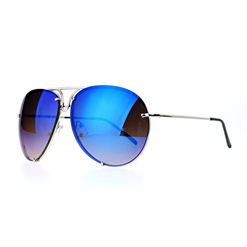 Oversized Round Aviator Sunglasses Metal Rims Silver, Blue Mirror Lens