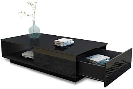 LUXSUITE Coffee Table, high Gloss Modern Side Table with 1 Storage Inside and 1 Drawers, for Living Room - Black