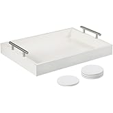Juleduo Serving Tray 16.5“X 13“ Deluxe Wooden Ottoman Tray,Coffee Table with Polished Silver Metal Handles-4 Round Coasters Included, White
