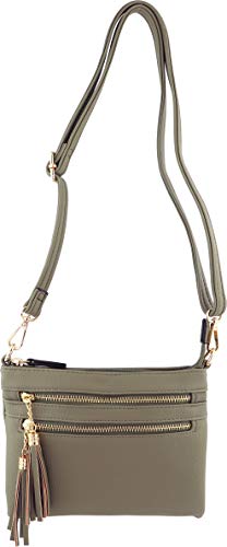 Vegan Mini Multi-Zipper Crossbody Handbag Purse with Tassel Accents (Olive)