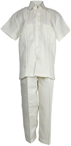 Mojito Kids Boys 100% Linen Two Pocket Guayabera Shirt and Pant Set Ivory 16