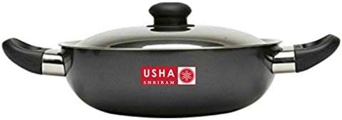 Usha Shriram Hard Anodised Deep Round Kadai with Stainless Steel Lid - 3 Litre, Black Kadhai 23.5 cm Diameter with Lid 3 L Capacity (Hard Anodised)