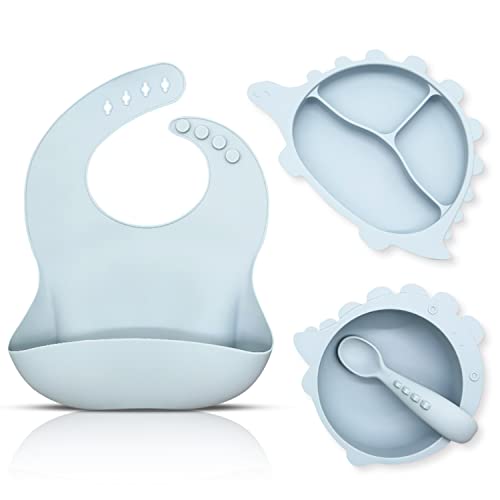 Baby Suction Plates Bowls & Spoon Utensils, Toddler Led Weaning Supplies, Self Feeding 6 Months, Silicone Plate Bib Set for 6+, Toddlers Eating Bowl, First Stage Dishes, Infant Babies Meals Dish