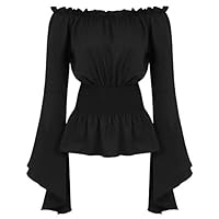 Famajia Womens Renaissance Blouse Off Shoulder Trumpet Long Sleeve Peasant Tops Medieval Victorian Costume Black Medium