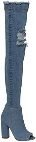 PAZZLE Una-01 Thigh High Over Knee Stretch Denim Open Toe Block Heel Boot Lite Blue