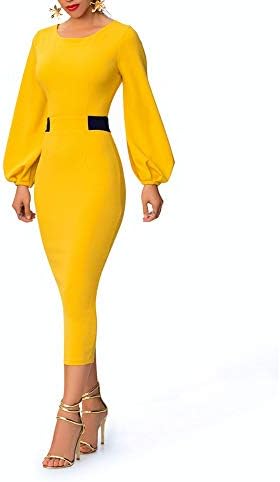 Women Cocktail Bodycon Dress Maxi Pencil Dress Puff Long Sleeve Round Collar Back Slit Casual Dress