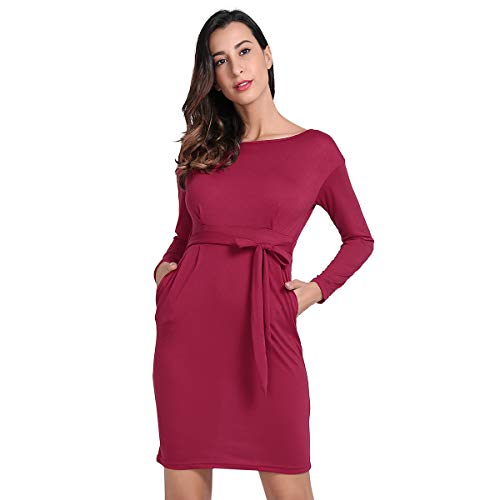 Dress Belt, Women’s Classic Knee Length Long Sleeves Party Bodycon Dress Pockets M Wine