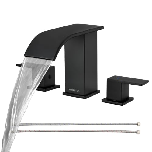 OMEKNTOP Matte Black Bathroom Faucet 3 Hole, 8 Inch Waterfall Black Bathroom Faucet with cUPC Hose, Two Handle Bathroom Sink Faucet for Basin Lavatory Vanity