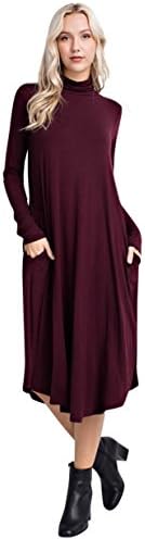 Mittoshop Bamboo Fiber Knit Long Sleeve Turtleneck Round Hem Midi Length Dress With Pockets - Made In USA (Burgundy, Medium)