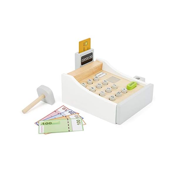 Small Foot Spielkasse aus Holz, inkl. Scanner, Kartenlesegerät, Spielgeld und Kreditkarten, Mehrfarbig, 11099 Spielzeug – Bild 3