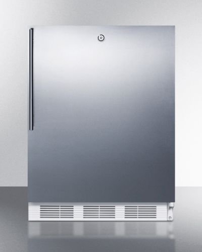 Click Here to See More Images Summit FF7LSSHVADA: ADA compliant commercial all-refrigerator for freestanding use, with white cabinet, stainless steel door, lock, and thin handle