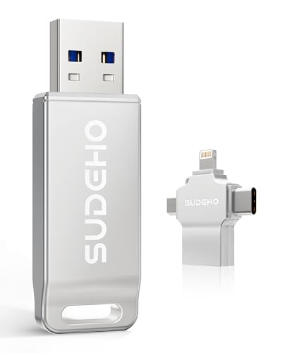 MFi Certified Photo Stick 128GB USB Flash Drive for iPhone, 4 in 1 External Memory Thumb Drive for Picture Video Saver and Backup, High Speed Memory Stick USB Drive for iPhone/iPad/Android/PC (Silver)