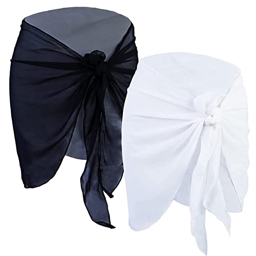 Sorandy 2 Pieces Women's Short Sarongs Swimsuit Coverups, Beach Wrap Sheer Bikini Wraps Short Skirt Chiffon Scarf for Swimwear Vacation, Universal Size, White and Black