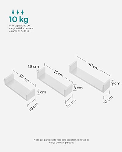 SONGMICS LWS40WT Set of 3 Modern Wall Shelves, MDF Floating Shelves with High Gloss Finish and Invisible Mount, White